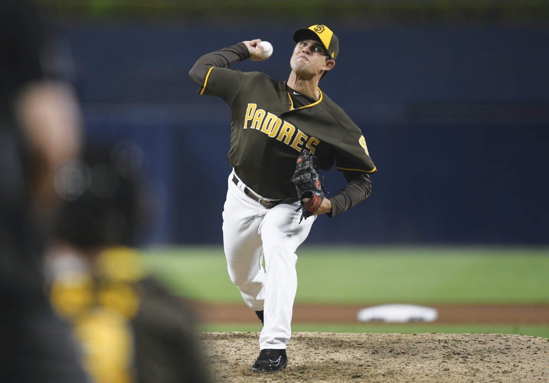 Robert Stock pitching for the San Diego Padres
